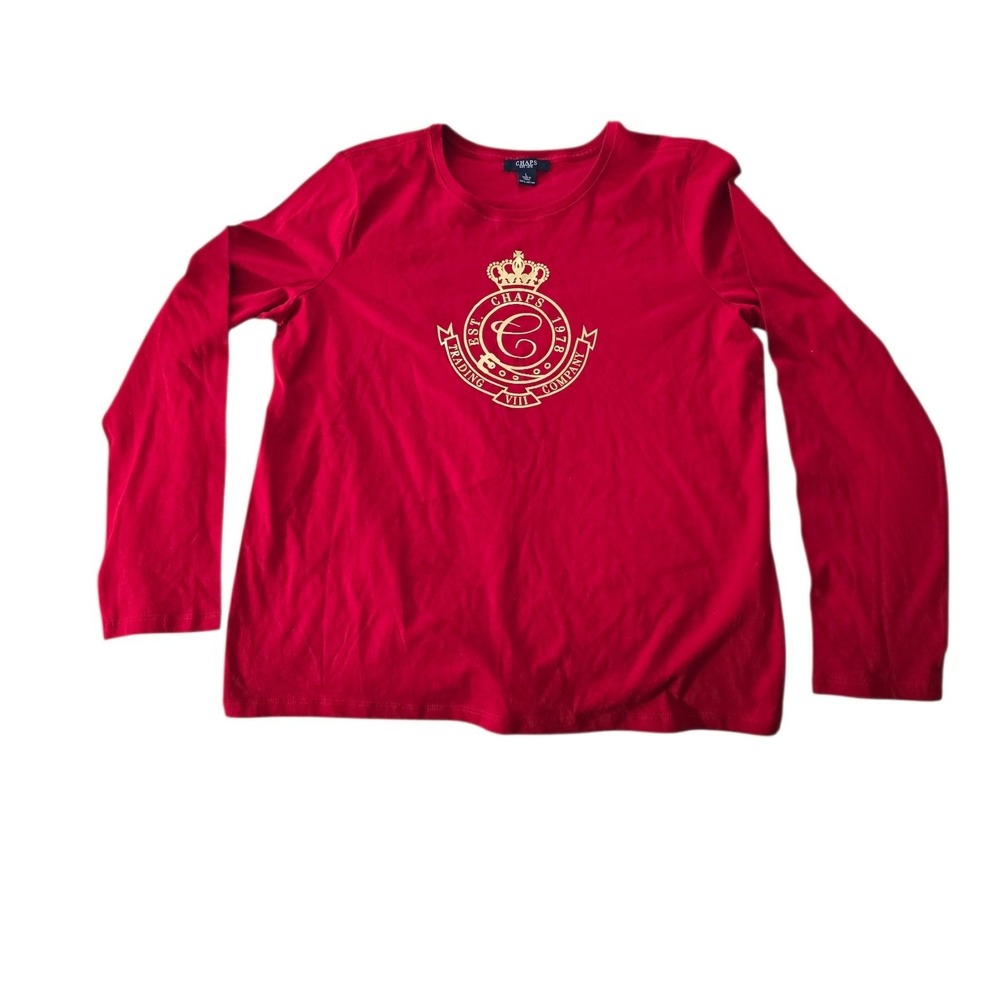 Chaps Ladies Red Long Sleeve Graphic Crest Cotton T-Shirt Size L RN 41381